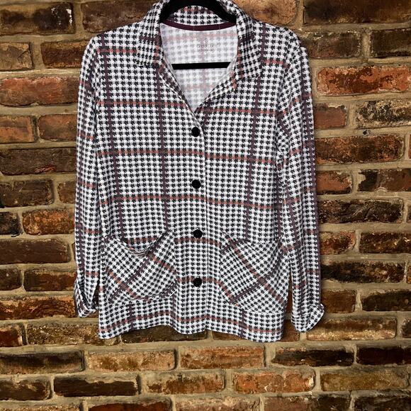 Cuddl Duds White Houndstooth Plaid Button Down Soft Knit Shirt Women's Size XS - Picture 1 of 6
